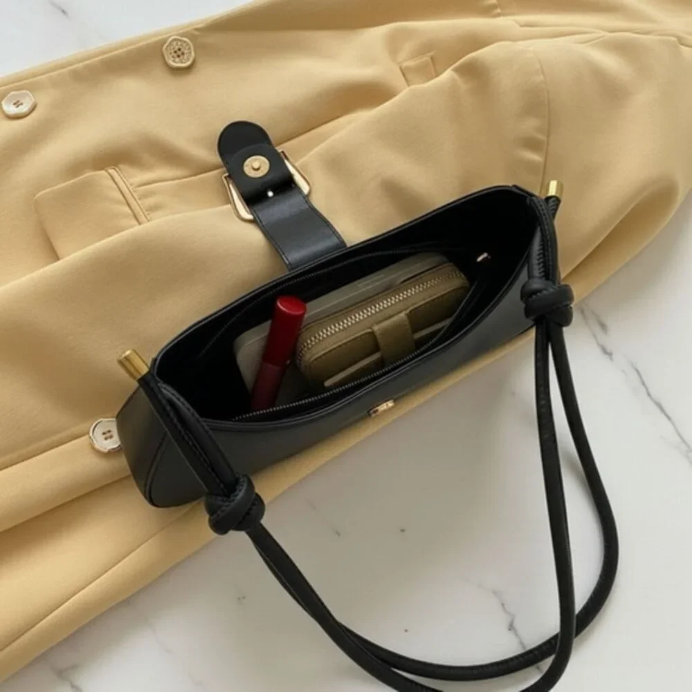 Trendy Minimalist Black Baguette Shoulder Bag With Gold Buckle Accent - Picture 7 of 11